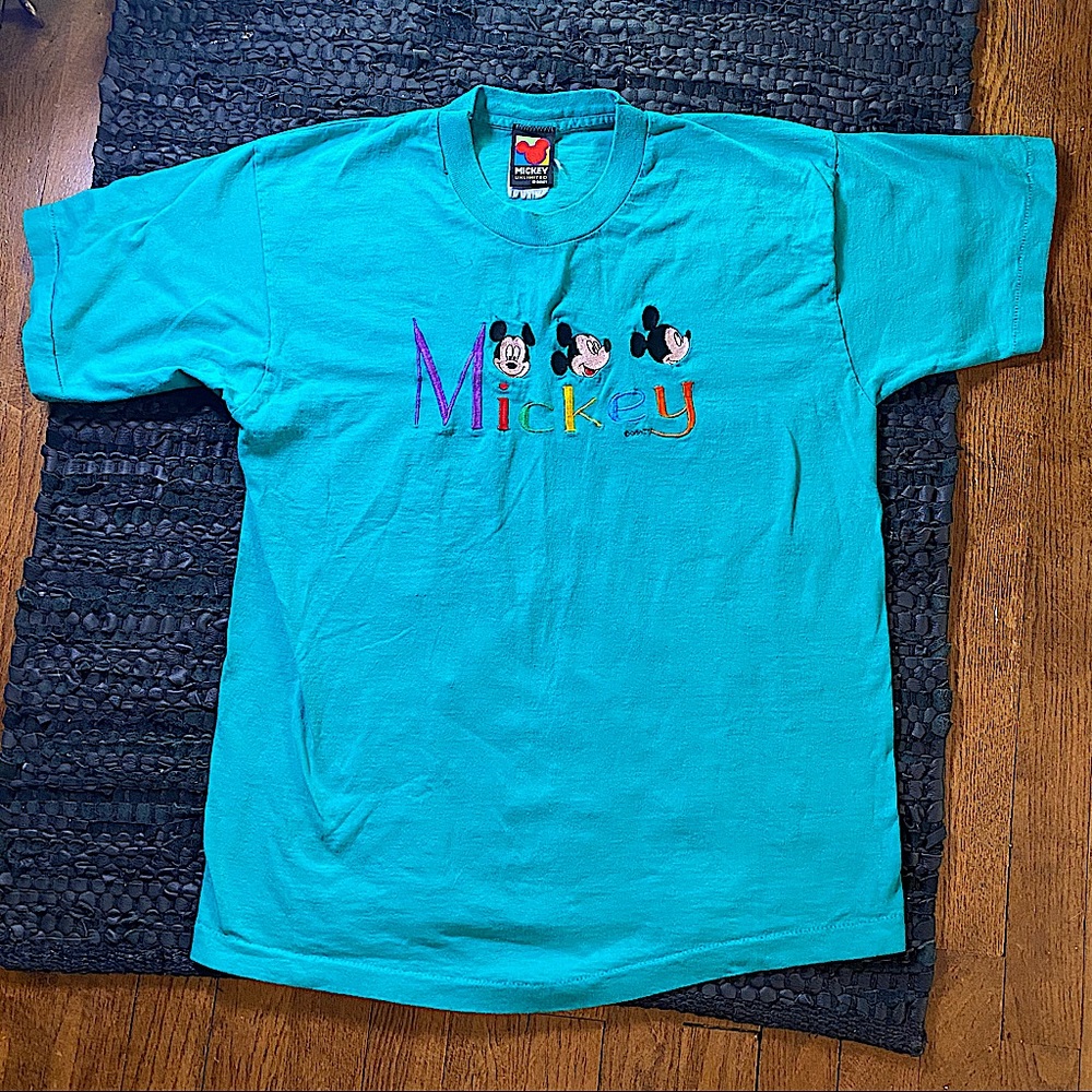 vintage Mickey teal single stitch embroidered cotton tee / medium